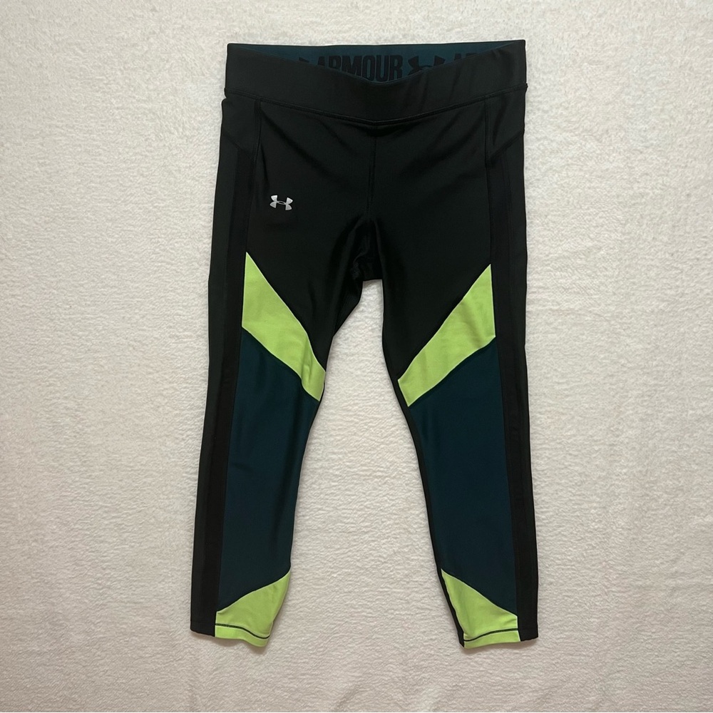 UNDER ARMOUR Women's Heatgear Compression Crop Leggings Black Green Size Medium